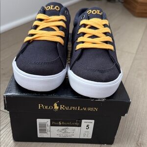 Polo by Ralph Lauren Kids Canvas sneaker Navy and Bright Yellow. Unisex
